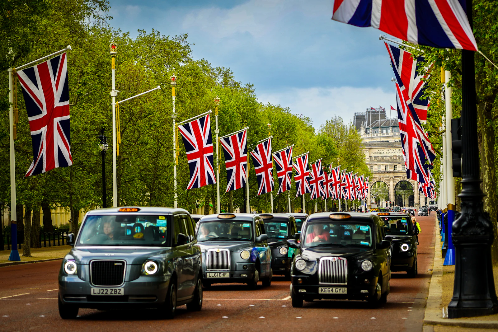 London taxis with Union Jack flags